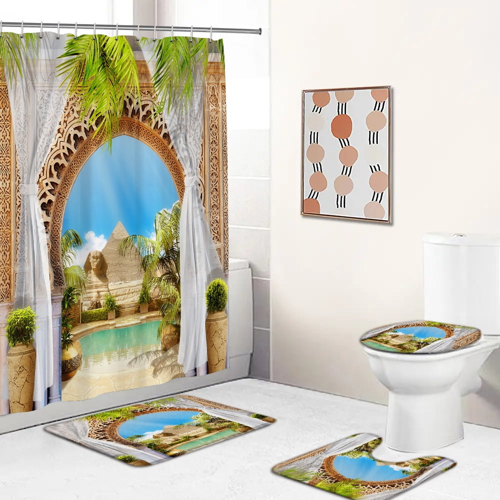 Beach Scenery Pattern Waterproof Polyester Bathroom Curtain with Anti