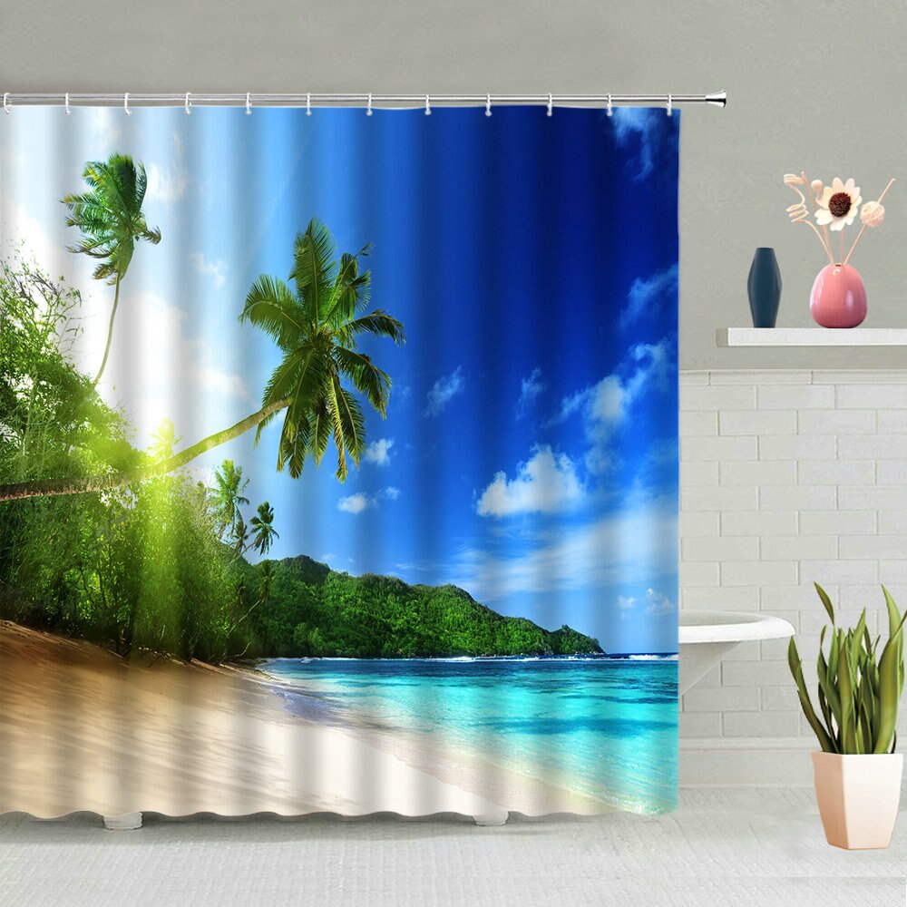 Beach Scenery Shower Curtain Blue Ocean Sandy Beach Printed Landscape