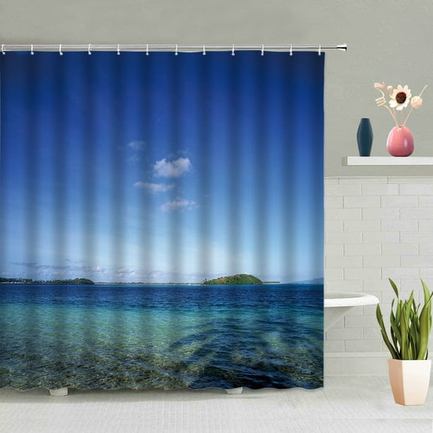 Beach Scenery Shower Curtain Blue Ocean Sandy Beach Printed Landscape
