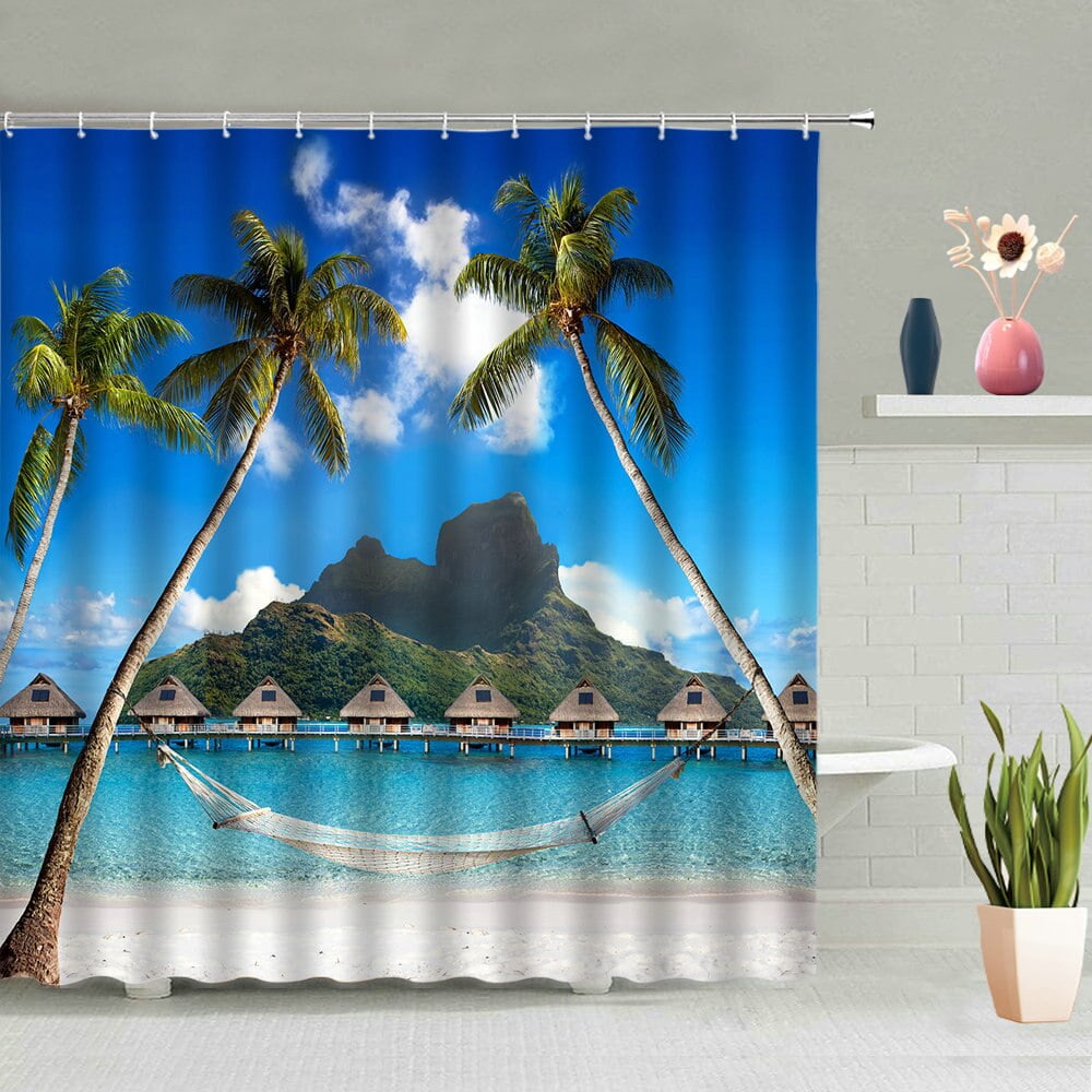 Beach Scenery Shower Curtain Blue Ocean Sandy Beach Printed Landscape