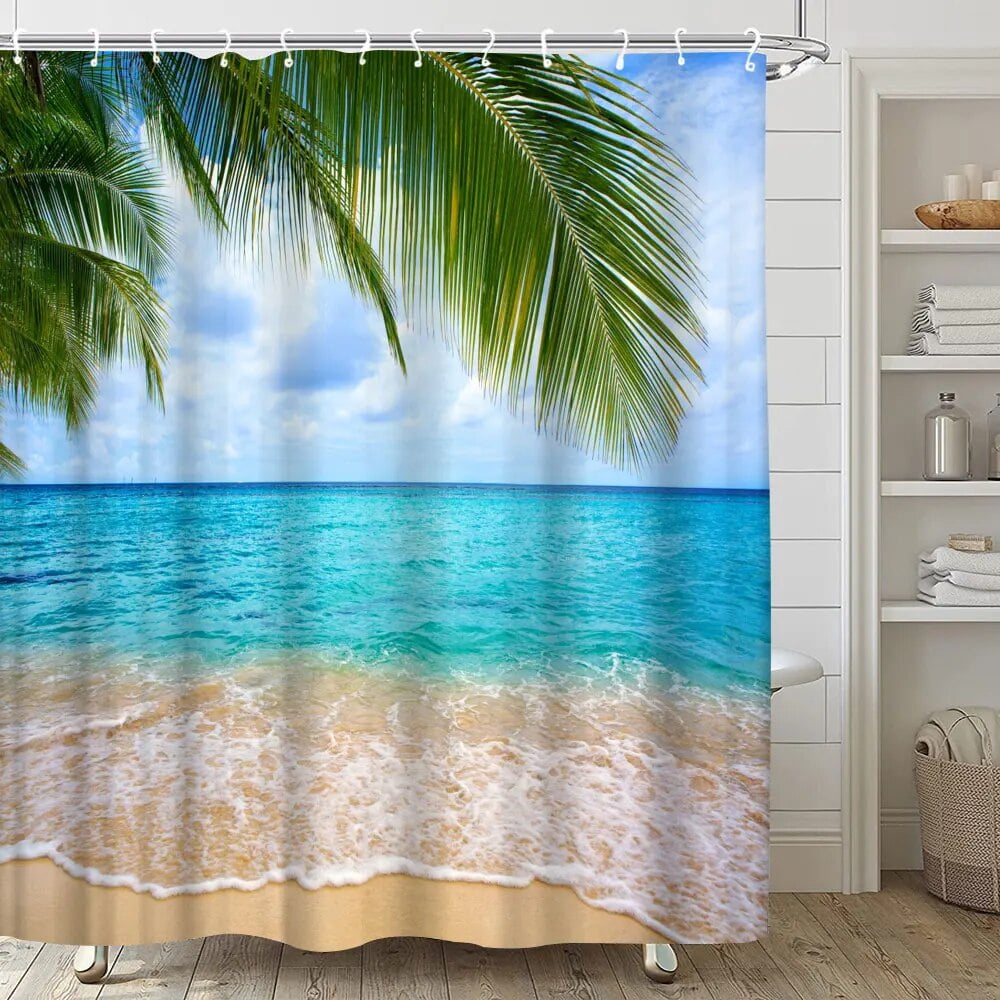Beach Scenery Shower Curtain Coconut Tree Ocean Starfish Dolphin Shell ...