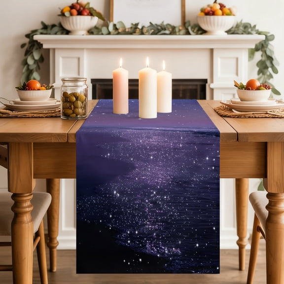 Beach Scenery Table Runner, Dreamy Dark Purple Glitter Sand Sunset Beach Washable Cotton-linen Table Runners Dining Kitchen Decoration for Everyday Home Wedding Party Decor, 13 x 36 Inch