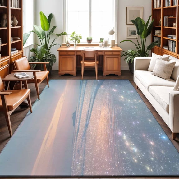 Beach Scenery Washable Area Rug 9 x 12 ft Dreamy Glitter Sand Sunset Beach, Soft Non Slip Rugs Stain Repellent Indoor Felt Carpet for Living Dining Room Bedroom Home Office