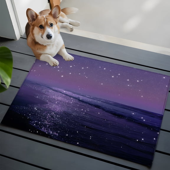 Beach Scenery Washable Entry Rug 2x3 Dreamy Dark Purple Glitter Sand Sunset Beach Low Pile Indoor Door Mat with Rubber Backing Thin Area Rug for for Entrance, Bedroom, Kitchen, Laundry, Bathroom