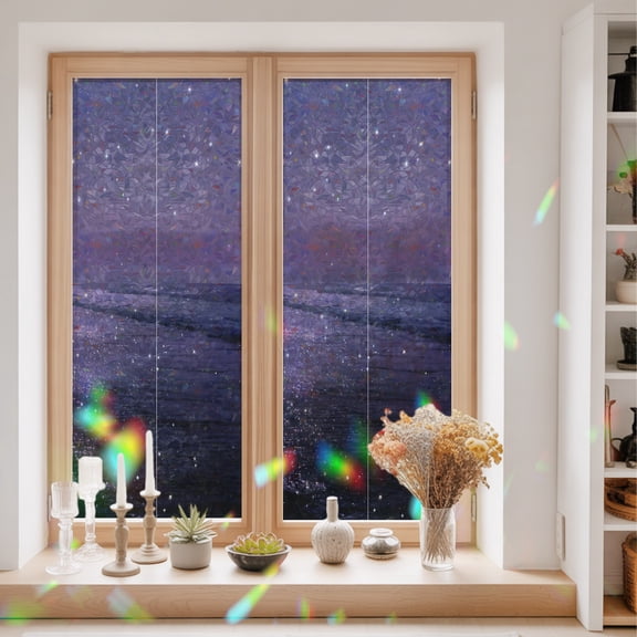 Beach Scenery Window Privacy Film Dreamy Dark Purple Glitter Sand Sunset Beach Static Cling Stained Glass Window Film Non-Adhesive Decorative Decals Rainbow Sticker 23.6"X59"