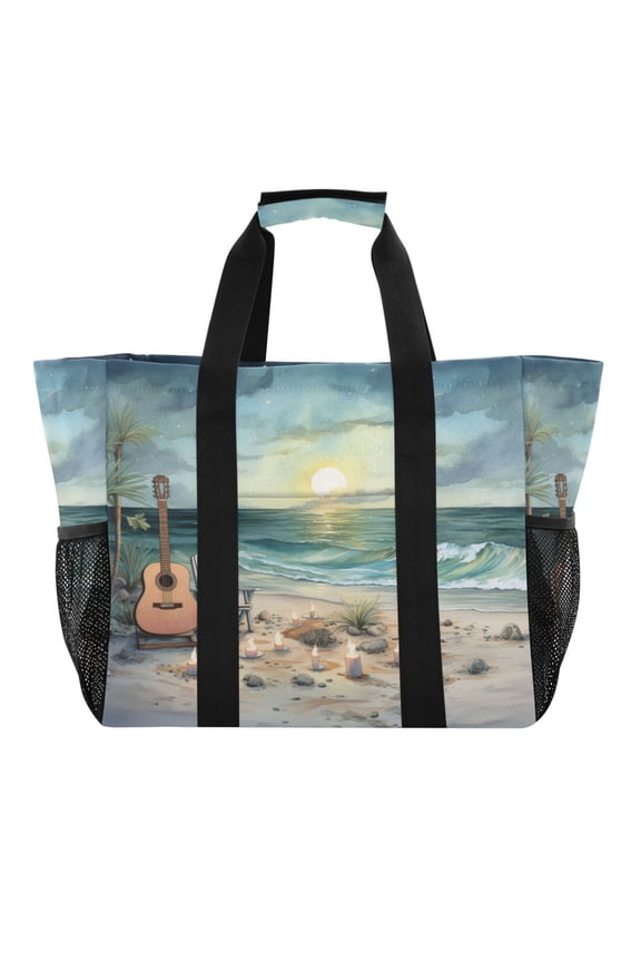 Beach Sea Chair Guitar Reusable Grocery Bags with Handle Side Pocket Waterproof Shopping Portable Tote