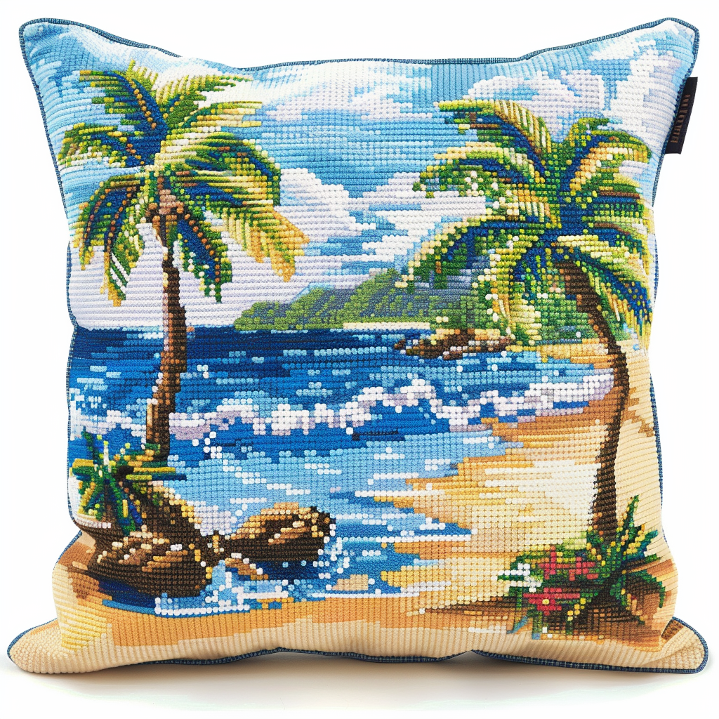Beach Sea Cross Stitch Kits Pre Stamped Pillowcase , 45X45cm , DIY Handmade Embroidered for Home Decor (11ct)