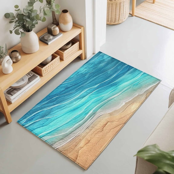 Beach Sea Foaming Waves Blue Ombre Rectangle Area Rug 2x3ft,Living Room Rug Non-Slip Washable Circle Rugs Pad,Sandbeach Ocean Coastal Art Soft Floor Carpet for Bedroom Dining Room