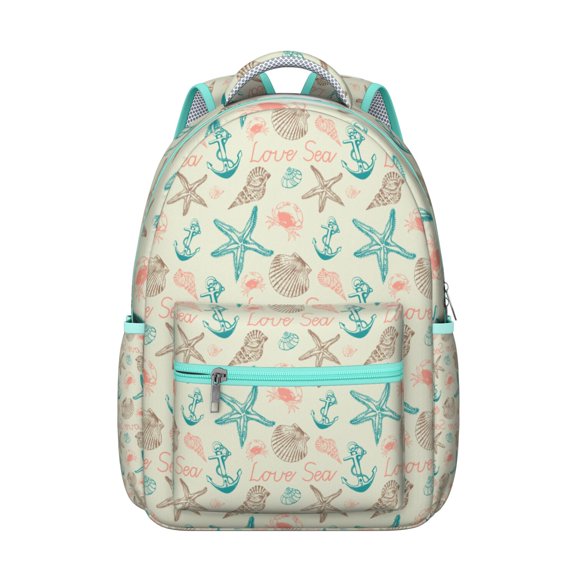 Beach and Sea Life Student Backpack Waterproof Scratch-Resistant School Bag with Cute Spiral Seashell and Starfish Print, Breathable Padding, Adjustable Straps for Outdoor Use
