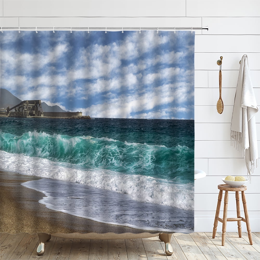 Beach Sea Palm Tree Shower Curtain Scenery Waterproof 3D Ocean Bathroom