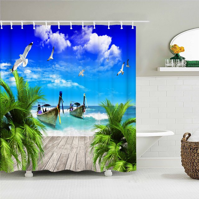 Beach Sea Palm Trees Shower Curtains Scenery Waterproof 3d Bathroom