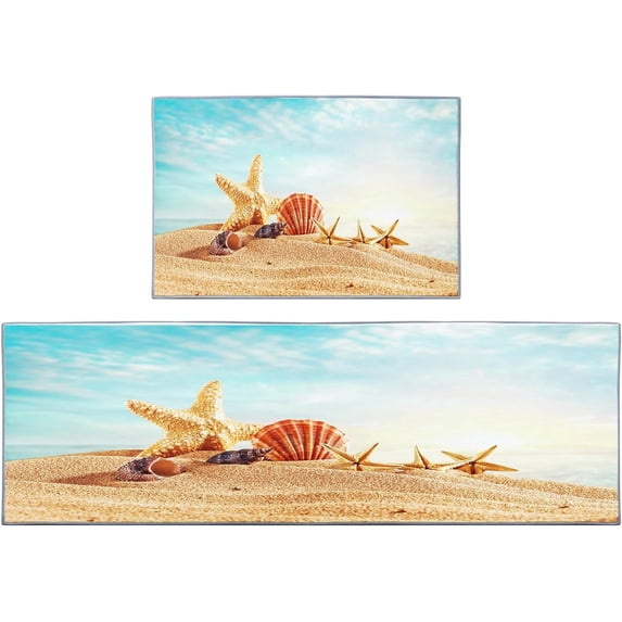 Beach Sea Shell Tropical Kitchen Rugs and Mats Non Skid Washable Set of 2, Ocean Summer Wood Blue Kitchen Runner Rug, Farmhouse Kitchen Floor Mat Under Sink Mat Throw Rug for Doormat