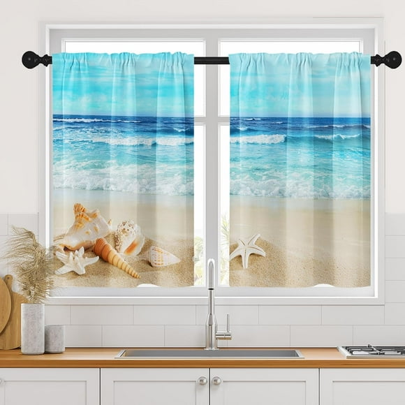 Beach Sea Shells Ocean Kitchen Curtains, Summer Starfish Tropical Short Window Curtains Set of 2, Window Treatment Tier Curtains for Kitchen Over Sink Bathroom Dining Room Decor (26x36 Inch)