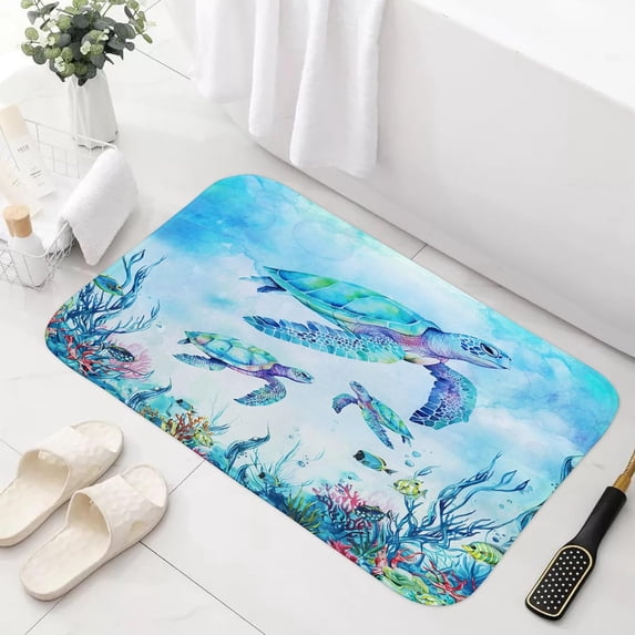 Beach Sea Turtle Bath Mat Rug for Kids Bathroom, Blue Coastal Ocean Beachy Tropical Fish Bathroom Floor Rugs Mats Non Slip Kitchen Indoor Nautical Aqua Decor Decoration Accessories 17X29 in