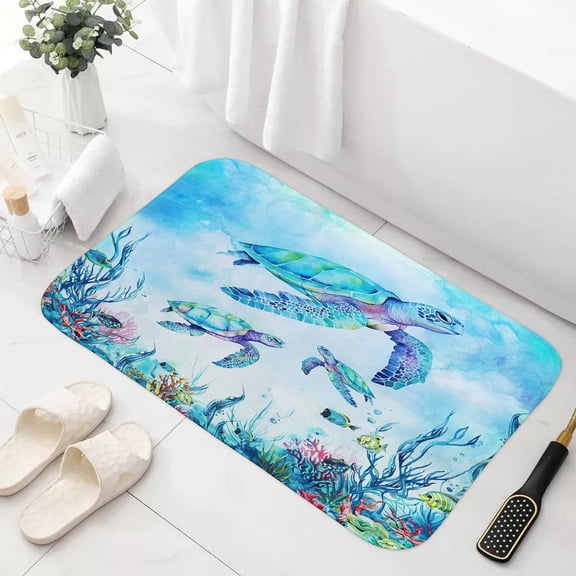 Beach Sea Turtle Bath Mat Rug for Kids Bathroom, Blue Coastal Ocean Beachy Tropical Fish Bathroom Floor Rugs Mats Non Slip Kitchen Indoor Nautical Aqua Decor Decoration Accessories 17X29 in