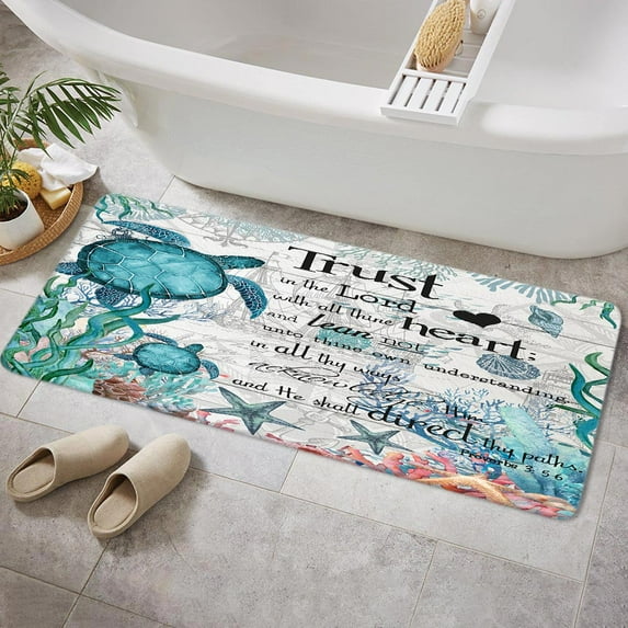 Beach Sea Turtle Bath Rugs for Bathroom, Nautical Sea Marine Animal Tortoise on Rustic Wooden Bathroom Rug Bath Mat Set Floor Mats, Trust in the Lord Bible Verse Scripture Quote Doormat, 16X48in