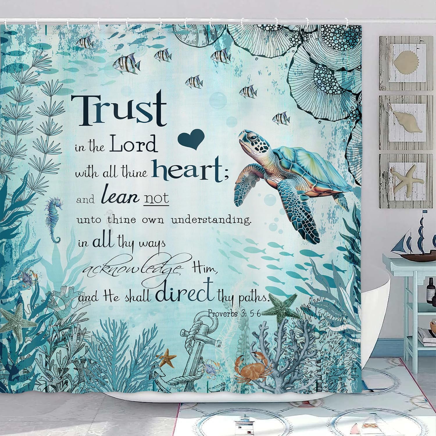 Beach Sea Turtle Bible Verse Shower Curtain, Cool Turtle on Blue Teal