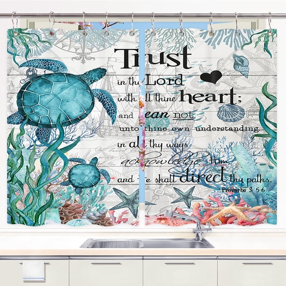 Beach Sea Turtle Kitchen Window Curtains, Nautical Sea Marine Animal Tortoise on Rustic Wooden Curtains Panels Kitchen Drapes, Bible Verse Scripture Quote Window Treatment Sets with Hooks,55X39Inches