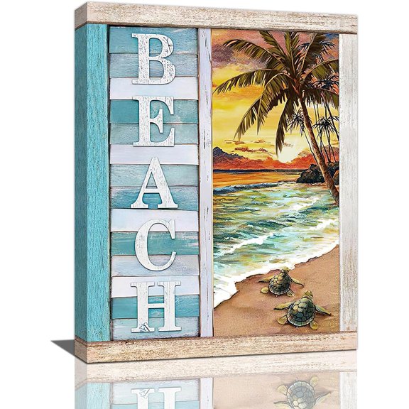 Beach Sea Turtle Palm Tree Bathroom Decor Wall Art Summer Beach Ocean Coastal Theme Landscape Pictures Wall Decor Canvas Painting Prints Artwork Decoration Framed for Bathroom Bedroom 12"x16"