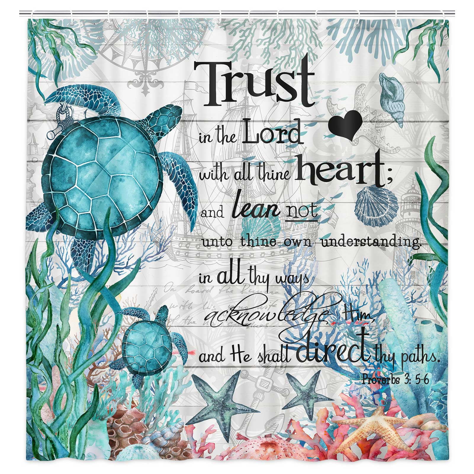 Beach Sea Turtle Shower Curtain, Nautical Sea Marine Animal Tortoise on