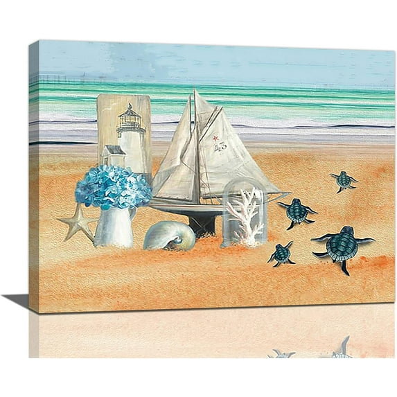 Beach Sea Turtle Wall Art Coastal Ocean Pictures Wall Decor Nautical Seascape Canvas Paintings Modern Artwork Home Decoration for Bathroom Living Room Bedroom Office Framed 16"x12"