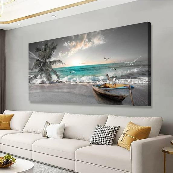 Beach Sea Wave Pictures Canvas Wall Art For Living Room Bedroom Wall Decor,Sea Wave Wall Art Print Paitnings For Home Decor,Morden Artwork Palm Boat Canvas Art Waterproof Ready To Hang