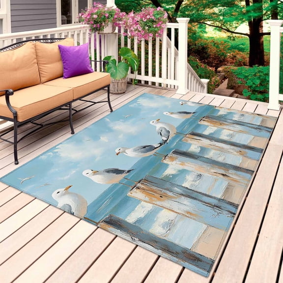 Beach Seagull Outdoor Rug 4x6 Ft, Non Slip Washable Area Rug, Birds Rustic Wood Watercolor Painted Patio Rugs Carpet Runner, Large Floor Mat for Indoor/Outdoor Deck Porch Camping