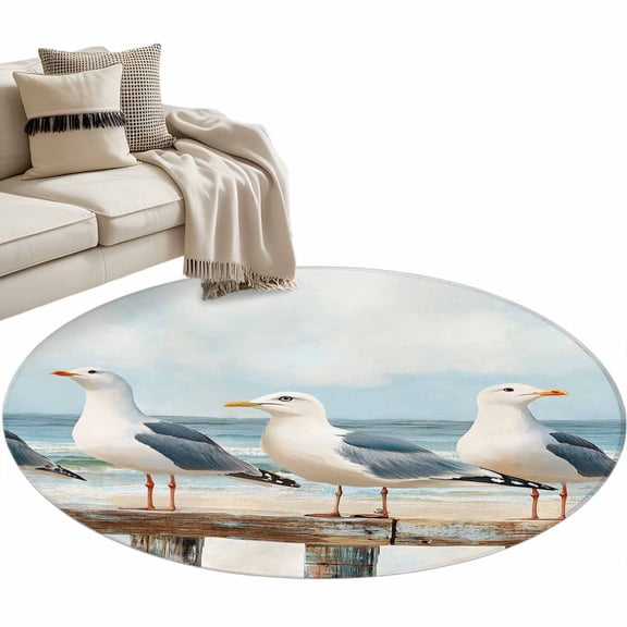 Beach Seagull Round Area&nbsp;Rug 3ft Retro Nautical Watercolor Ocean Bird Sky Cloud Non-Slip&nbsp;Washable Circle Rugs Soft Felt Indoor Floor Mat for Bedroom Kitchen Living Room Bathroom