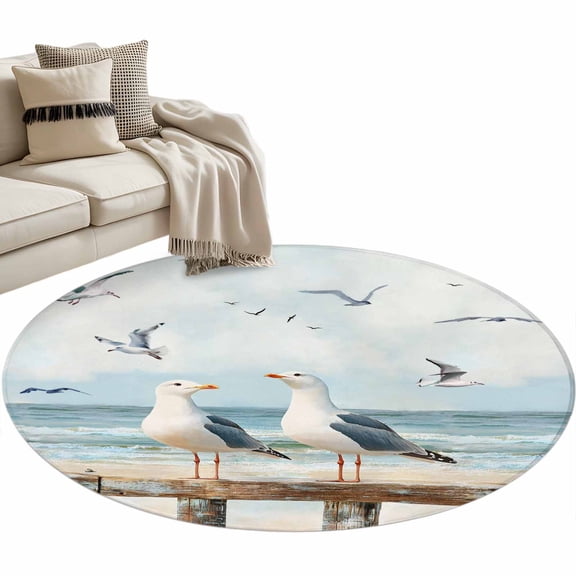 Beach Seagull Round Area Rug 4ft Nautical Watercolor Ocean Bird Sky Cloud Non-Slip Washable Circle Rugs Soft Felt Indoor Floor Mat for Bedroom Kitchen Living Room Bathroom