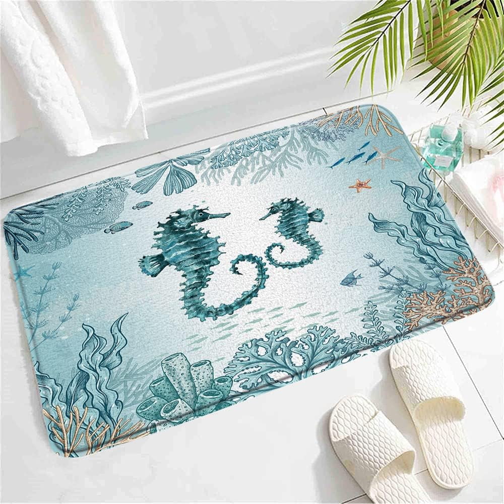 Beach Seahorse Bath Mat, Watercolor Nautical Seahorses Coastal Starfish