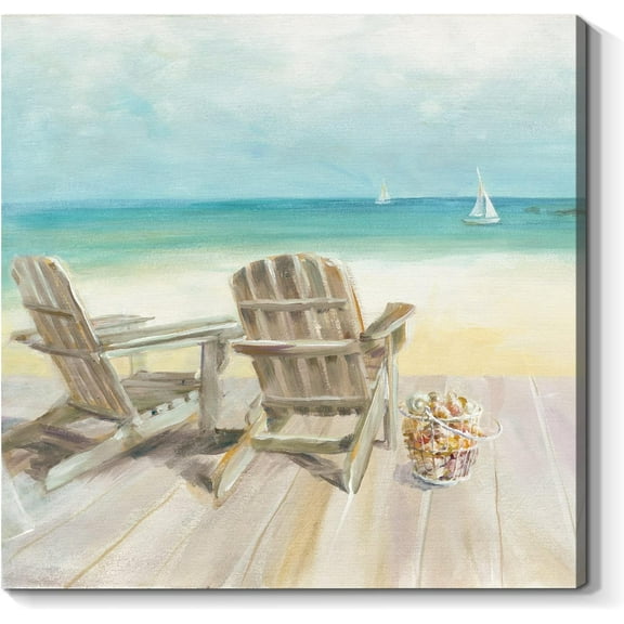 Beach and Seascape Picture Blue Ocean Landscape Wall Decor Relaxing Beach Chair Canvas Prints Painting Modern Coastal Artwork for Living Room Bathroom Bedroom Decor, Stretched and Framed,12"x12"