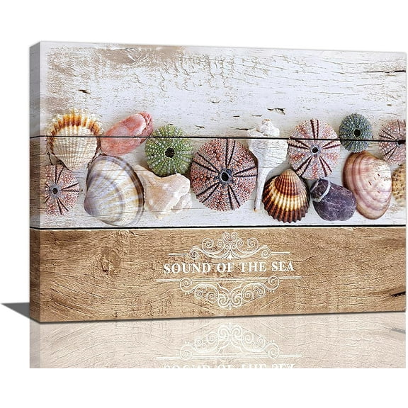 Beach Seashell Bathroom Decor Wall Art Coastal Ocean Seascape Picture Seaside Shell Canvas Painting Modern Home Decorations Artwork for Bedroom Living Room Office Framed 16"x12"