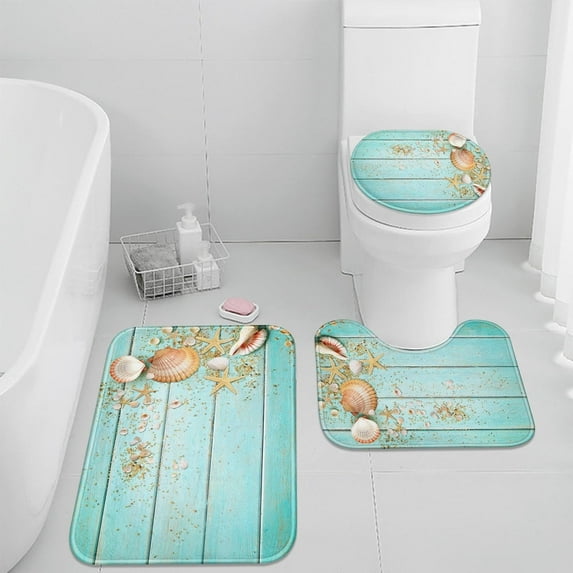Beach Seashell Bathroom Rug Set of 3, 3 Pieces Bath Mats Set, Summer Non-Slip Washable Cover Floor Rug Decorations for Kitchen Bathroom Bedroom