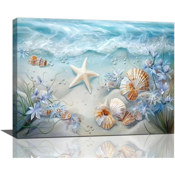 Beach Seashell Bathroom Wall Art Coastal Floral Pictures Wall Decor Flower Starfish Canvas Painting Modern Home Decorations Artwork for Bedroom Living Room Office Framed 16"x12"