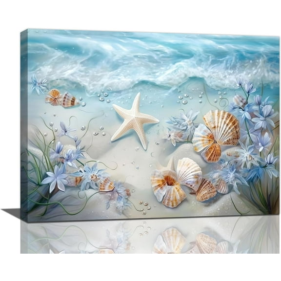 Beach Seashell Bathroom Wall Art Coastal Floral Pictures Wall Decor Flower Starfish Canvas Painting Modern Home Decorations Artwork for Bedroom Living Room Office Framed 16"x12"