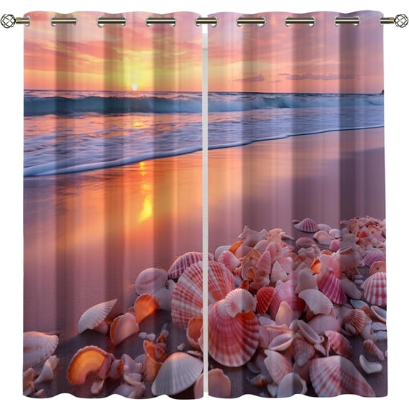 Beach Seashell Blackout Curtains, Sunset Coastal Window Drapes for ...