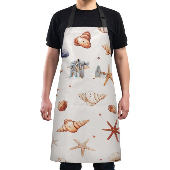Beach Seashell Chef Kitchen Apron with Pockets for Women Waterproof Aprons for Cooking Baking