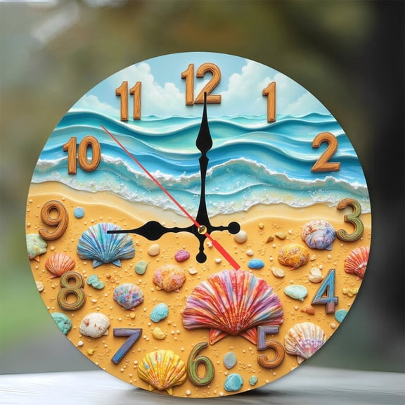 Beach Seashell Clock Wall Decor Ocean Theme Home Decor 10-Inch Silent Wooden Wall Clock, Battery Operated (AA Batteries Not Included), Artistic Home Decor