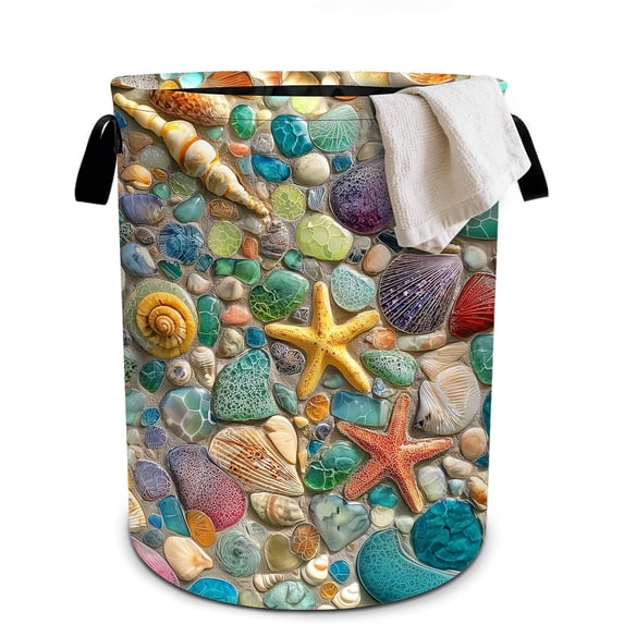 Beach Seashell Laundry Basket Collapsible Oxford Cloth Fabric Hamper ...