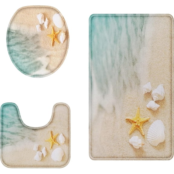 Beach Seashell Ocean Bathroom Rug Set of 3, 3 Pieces Bath Mats Set for Bathroom, Non-Slip Washable Cover Floor Rug Decorations for Kitchen Bathroom Bedroom