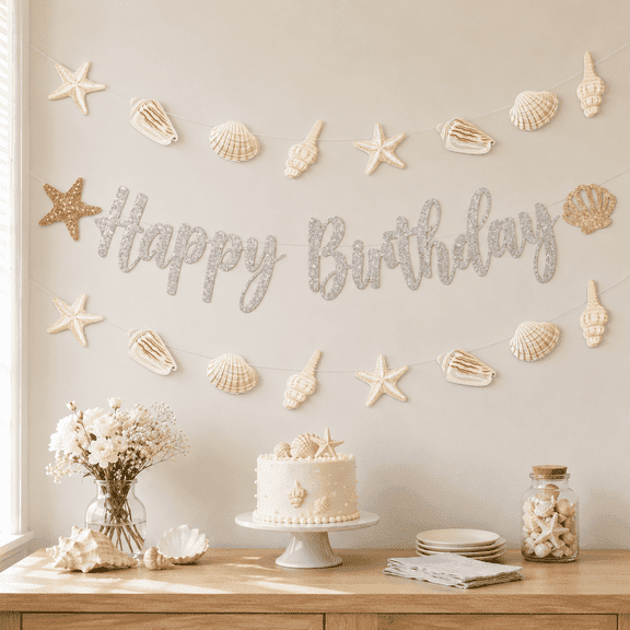 Beach Seashell Party Decorations, Silver Glitter Seashell and Starfish Birthday Banner and Paper Garland Set, Ocean Theme Sea Shell Birthday Decoration for Girls Coastal Beach Party Dcor