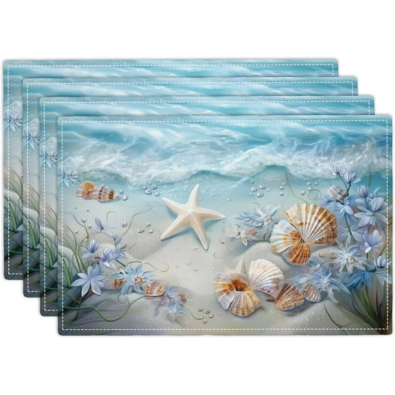 Beach Seashell Placemats Set of 4, 12x18 Inch Summer Coastal Table Place Mat Starfish Washable Non-Slip Heat Resistant Fabric Placement Mats for Dining Kitchen Indoor Outdoor Decor