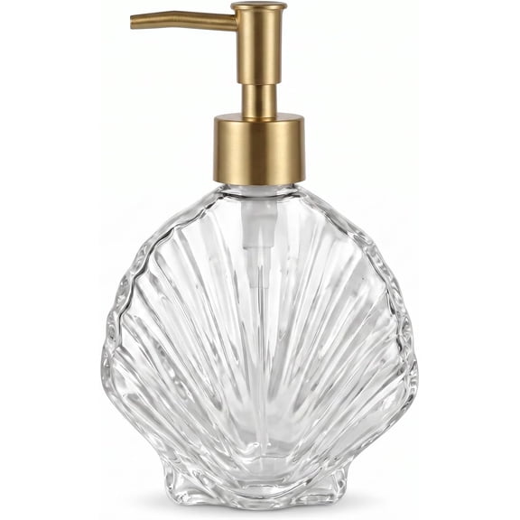 Beach Seashell Shaped Soap Dispenser Clear Glass Lotion Dispenser with Pump Refillable Liquid Hand Soap Dispenser for Bathroom Kitchen Vanity Decor 10Oz(Gold)