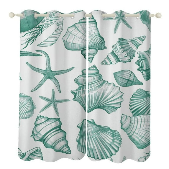 Beach Seashell Starfish 2 Panel Curtain Set, Watercolor Painting Window Treatment Living Room Bedroom Decor