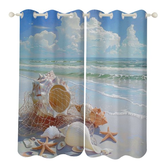 Beach Seashell Starfish 2 Panel Curtain Set, Watercolor Painting Window Treatment Living Room Bedroom Decor