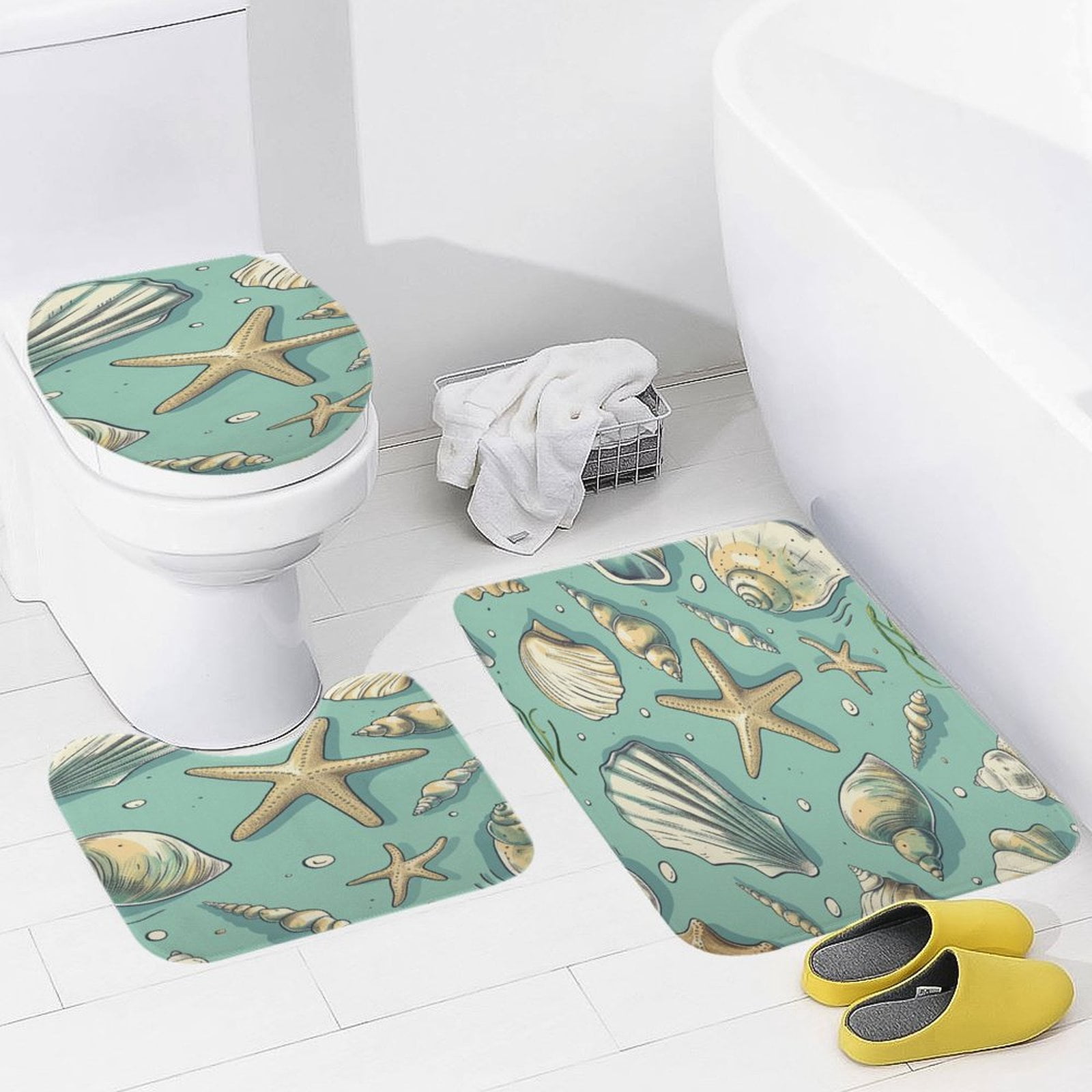 Beach Seashell Starfish 3 Piece Bath Rugs Mat Set, Flannel Mats, Machine Washable Carpets Mat for Bathroom Kitchen, Tub Toilet Contour Mat Lid Cover