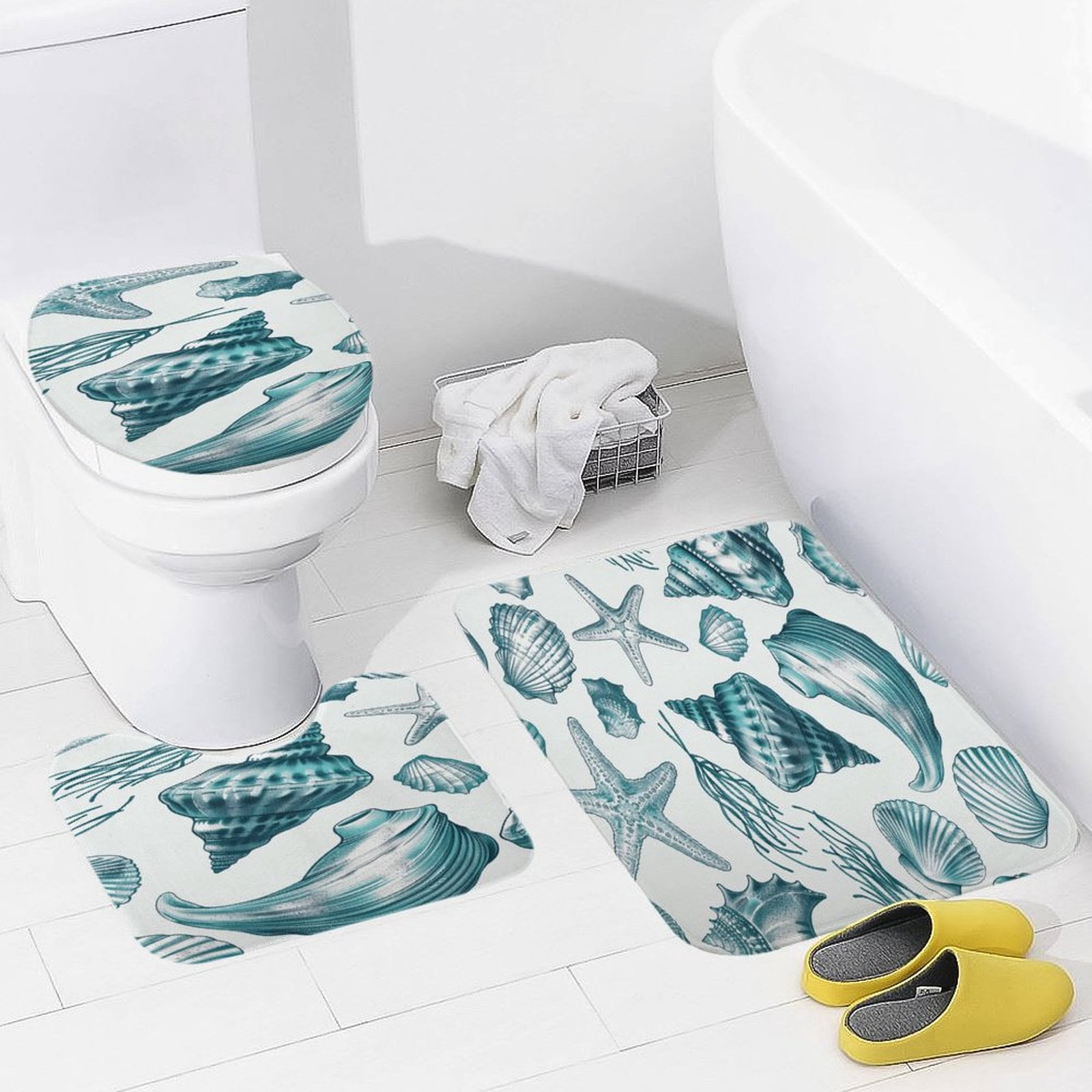Beach Seashell Starfish 3 Piece Bath Rugs Mat Set, Flannel Mats, Machine Washable Carpets Mat for Bathroom Kitchen, Tub Toilet Contour Mat Lid Cover