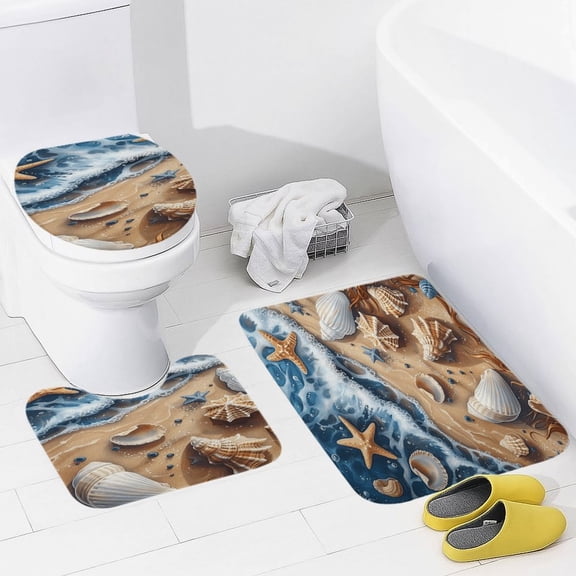 Beach Seashell Starfish 3 Pieces Bath Mats Set, Non-Slip Washable Cover Floor Rug Decorations for Kitchen Bathroom Bedroom