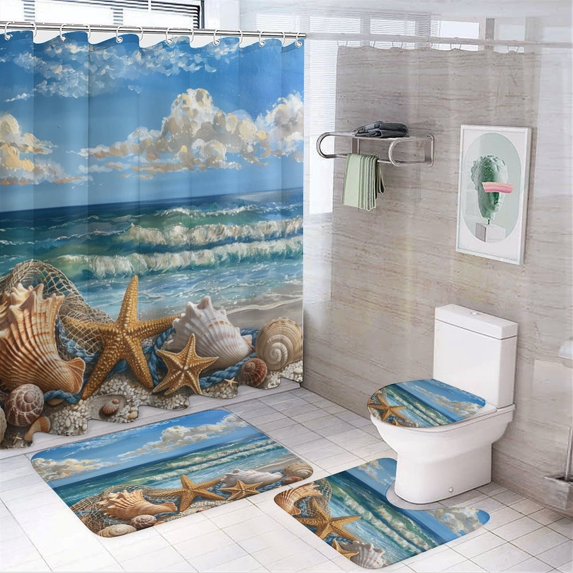 Beach Seashell Starfish 4 Piece Shower Curtain Sets, Non-Slip Rugs, Toilet Lid Cover And Bath Mat, for Bathroom Decor Set, 72" X 72"