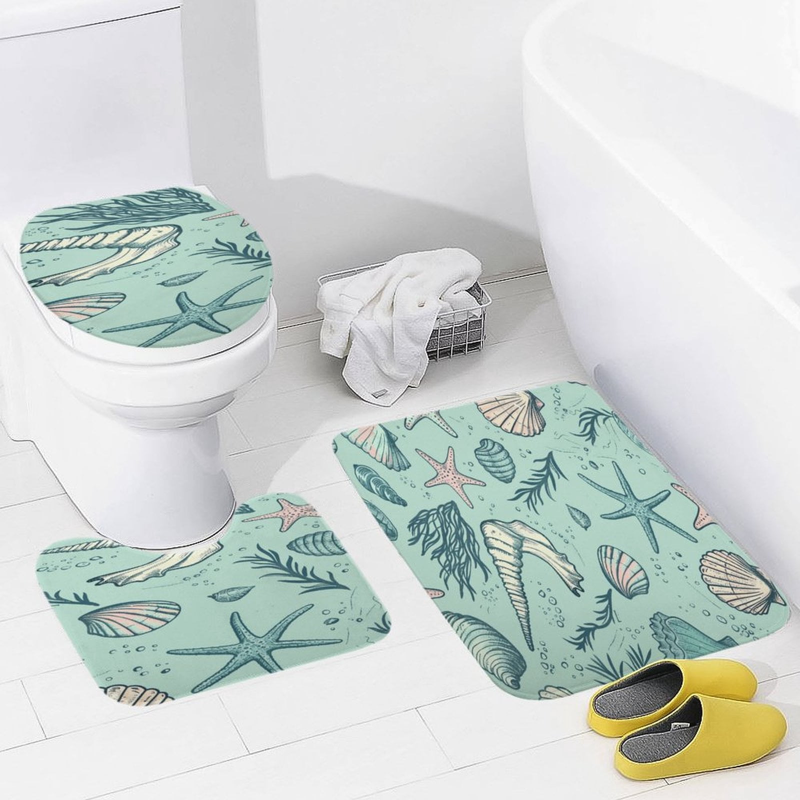 Beach Seashell Starfish Bathroom Mats Set of 3 Pieces，Non Slip Non Slip Mats, Washable Mats, Decorative Carpets for Bathrooms, Kitchens, And Bedrooms.